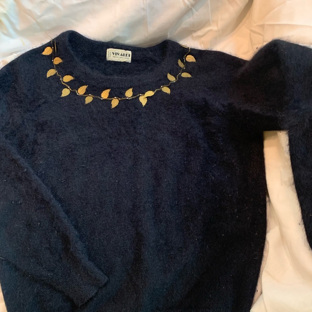 Vintage Vivaldi Small Sweater Cashmere New York Paris France Navy Blue